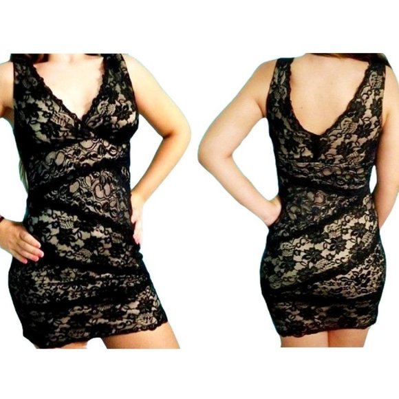 Windsor Women’s Black Scallop Lace Lined Surplice Bodycon Mini Dress Size 9/10 - Picture 2 of 15
